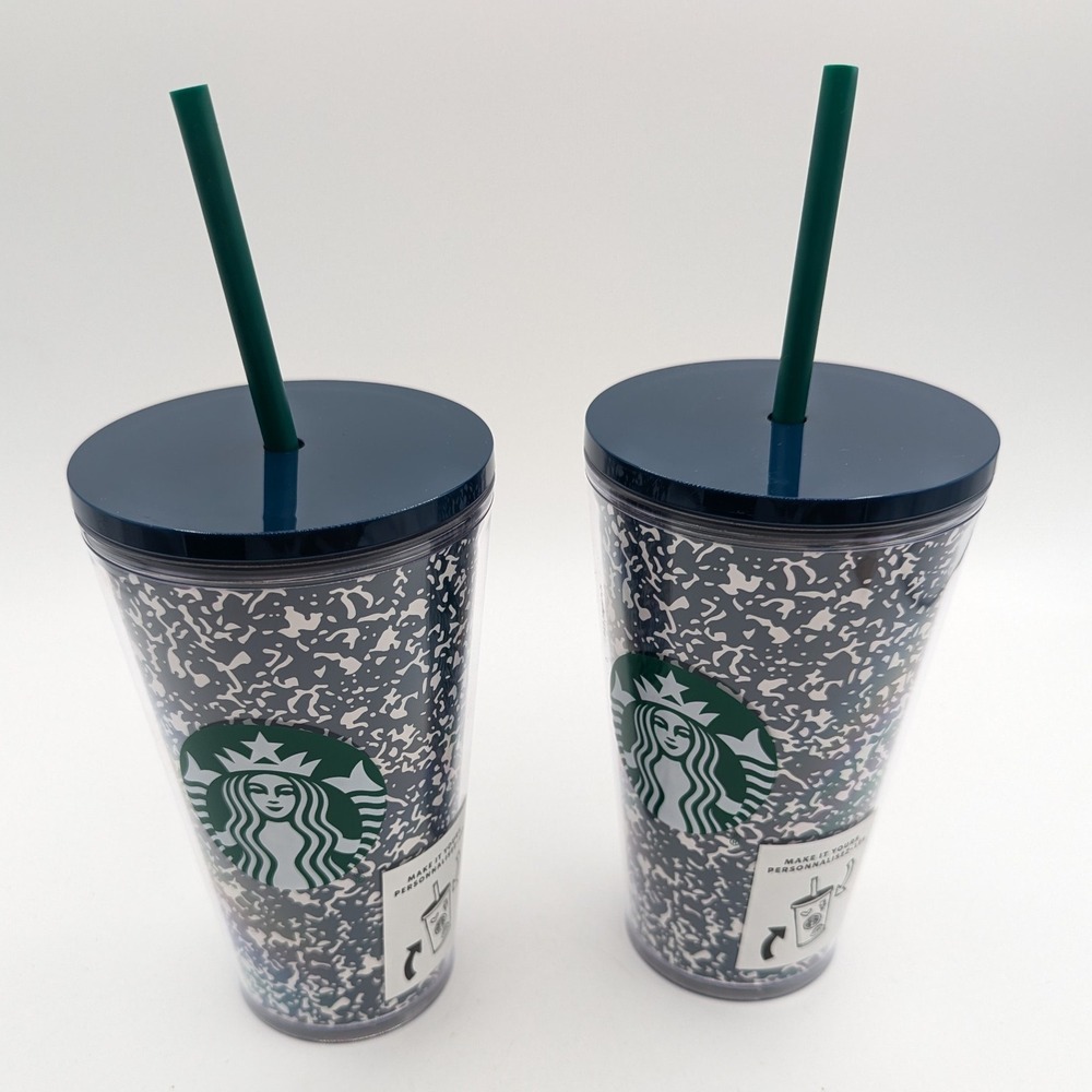 Starbucks Composition‎ Notebook Marble Cold Cup Tumbler Teal Lid Straw 24oz NEW